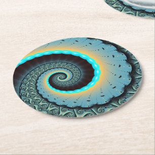 Abstracte blauwe turquoise oranje fractale kunst s ronde kartonnen onderzetter