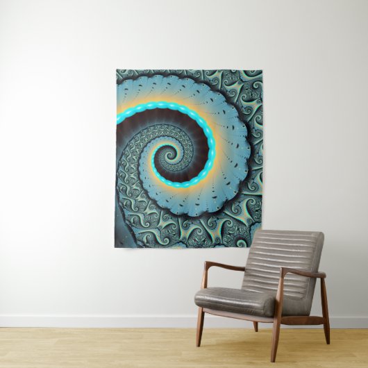 Abstracte blauwe turquoise oranje fractale kunst s wandkleed (In situ)