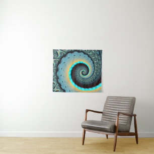 Abstracte blauwe turquoise oranje fractale kunst s wandkleed