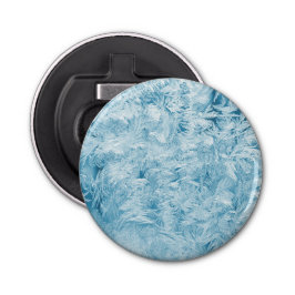 abstracte blauwe veren en sneeuwvlokken button flesopener