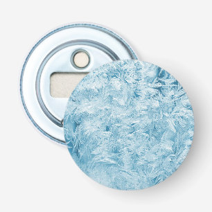 abstracte blauwe veren en sneeuwvlokken button flesopener