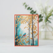 Abstracte blauwe vogel in herfst Golden Leaves For Briefkaart (Staand voorkant)