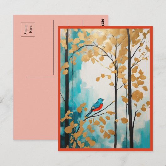 Abstracte blauwe vogel in herfst Golden Leaves For Briefkaart (Voorkant / Achterkant)