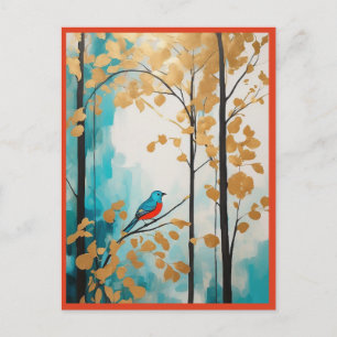 Abstracte blauwe vogel in herfst Golden Leaves For Briefkaart