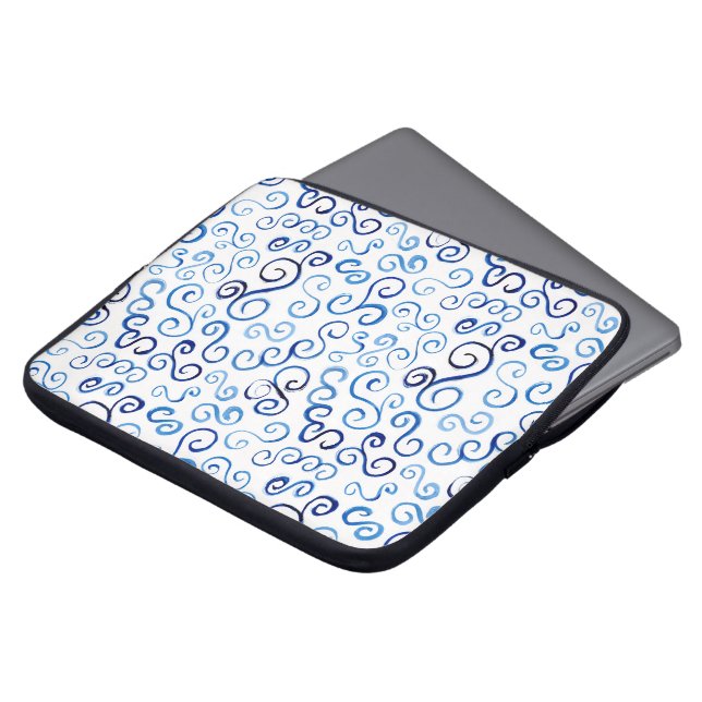 Abstracte Blauwe Waterverf Curven op Wit Laptop Sleeve (Voorkant top)
