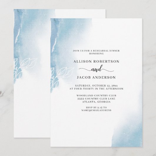 Abstracte Blauwe Waterverf Floral Rehearsal Dinner Kaart (Voorkant / Achterkant)