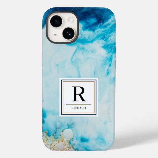 Abstracte blauwe Waterverf Gold Glitter Monogramed Case-Mate iPhone Case (Achterkant)