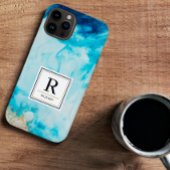 Abstracte blauwe Waterverf Gold Glitter Monogramed Case-Mate iPhone Case