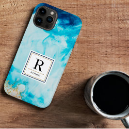 Abstracte blauwe Waterverf Gold Glitter Monogramed Case-Mate iPhone 14 Hoesje