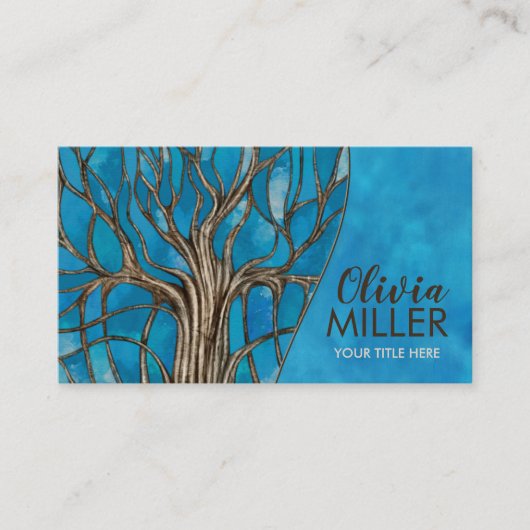 Abstracte blauwe Waterverf mozaïekboom Visitekaartje (Voorkant)