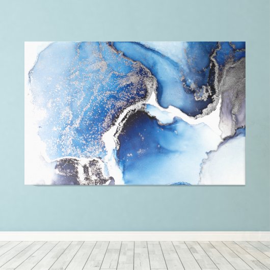 Abstracte blauwe, witte en zilveralcoholinkt canvas afdruk (Insitu (Houten vloer))