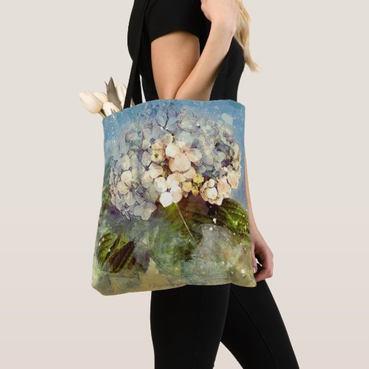 Abstracte blauwe, witte hydrangea Floral Waterverf Tote Bag (Dichtbij)