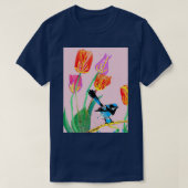 Abstracte Blauwe Wren en Tulpen Schilderen op Blek T-shirt (Design voorkant)