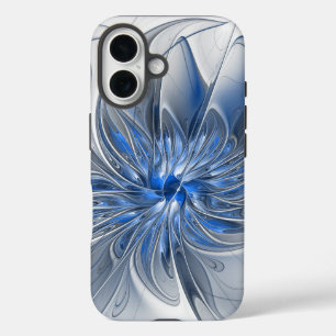 Abstracte blauwgrijze aquarel fractale kunst bloem iPhone 16 hoesje