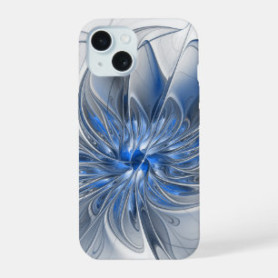 Abstracte blauwgrijze aquarel fractale kunst bloem iPhone 15 case