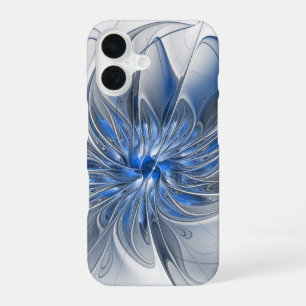 Abstracte blauwgrijze aquarel fractale kunst bloem iPhone 16 hoesje