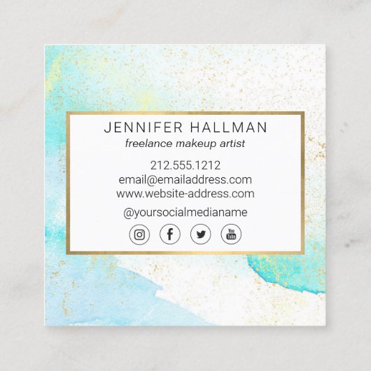 Abstracte Blauwgroen blauwe Waterverf Faux Gold Du Vierkante Visitekaartje (Achterkant)