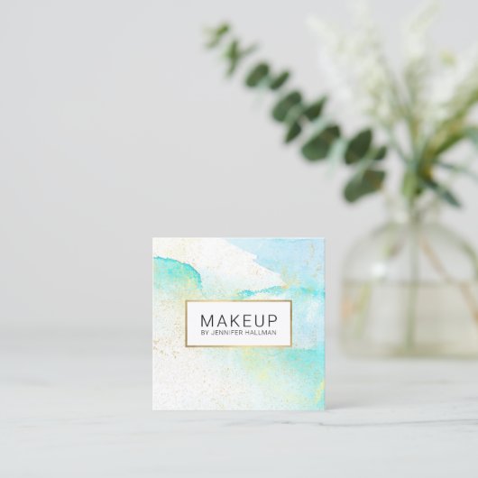 Abstracte Blauwgroen blauwe Waterverf Faux Gold Du Vierkante Visitekaartje (Staand voorkant)