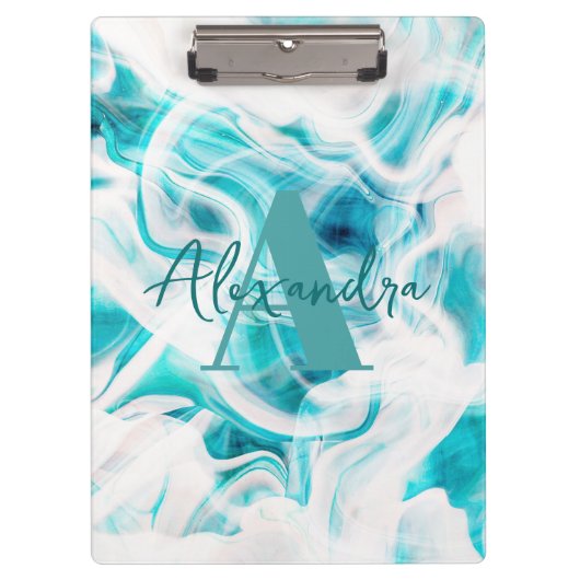 Abstracte Blauwgroen Chic White Liquid Paint Scrip Klembord (Voorkant)