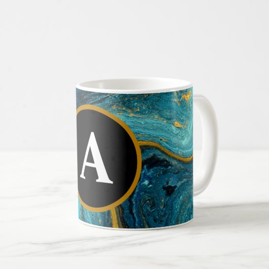 Abstracte Blauwgroen Gold Waterverf Monogram tekst Koffiemok (Voorkant rechts)