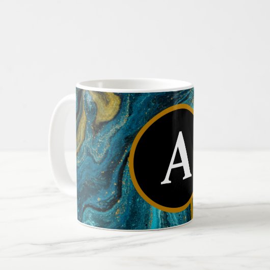 Abstracte Blauwgroen Gold Waterverf Monogram tekst Koffiemok (Voorkant links)