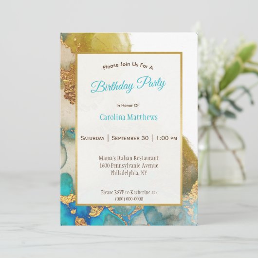 Abstracte Blauwgroen Gouden Agaat Waterverf Verjaa Kaart (Staand voorkant)