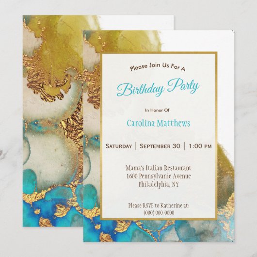 Abstracte Blauwgroen Gouden Agaat Waterverf Verjaa Kaart (Voorkant / Achterkant)