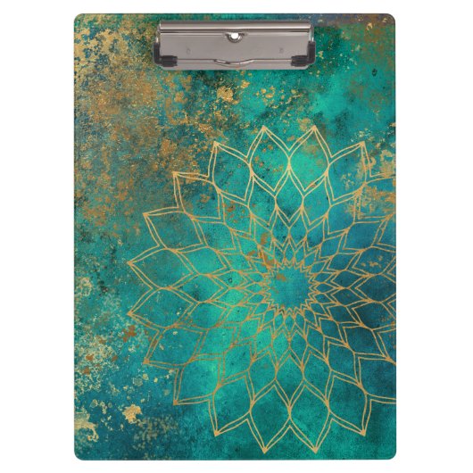 Abstracte Blauwgroen Waterverf Gold Grunge Mandala Klembord (Voorkant)