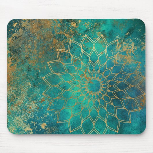Abstracte Blauwgroen Waterverf Gold Grunge Mandala Muismat (Voorkant)
