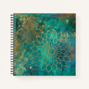 Abstracte Blauwgroen Waterverf Gold Grunge Mandala Notitieboek