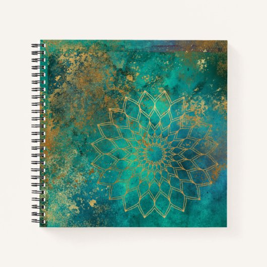 Abstracte Blauwgroen Waterverf Gold Grunge Mandala Notitieboek (Voorkant)