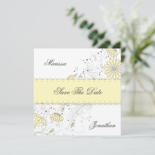 Abstracte Bleke Gele Grijze Bloemen sparen de Datu Save The Date (Staand voorkant)