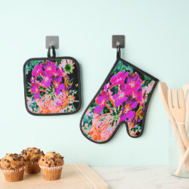 Abstracte Bloeiende Magenta en Oranje Bloem Ovenwant & Pannenlap Set