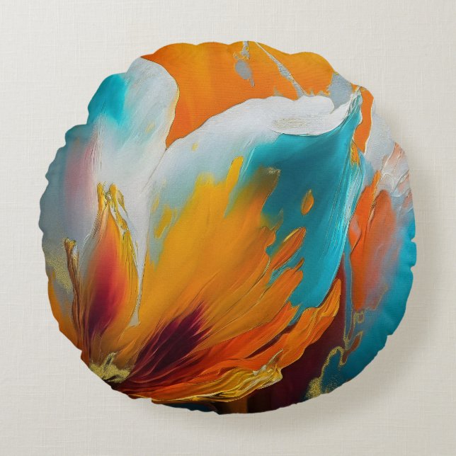 Abstracte bloem in oranje en teal rond kussen (Voorkant)