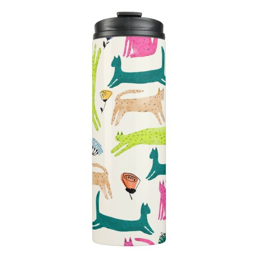 Abstracte bloem met Retrostijl en kattenafbeelding Thermosbeker (Voorkant)