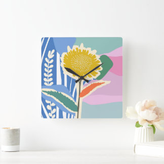 Abstracte Bloem Paardenbloem Kleurblokken Modern  Vierkante Klok