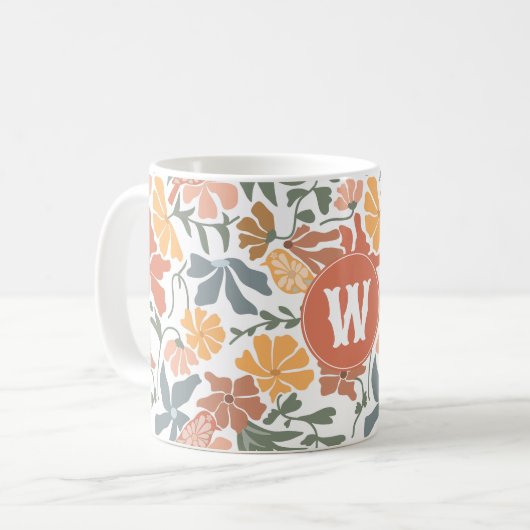 Abstracte bloembollen Mid Century Modern Monogram Koffiemok (Voorkant links)