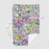 Abstracte bloemen bagagelabel met een kleurrijke k golfhanddoek (Insitu)