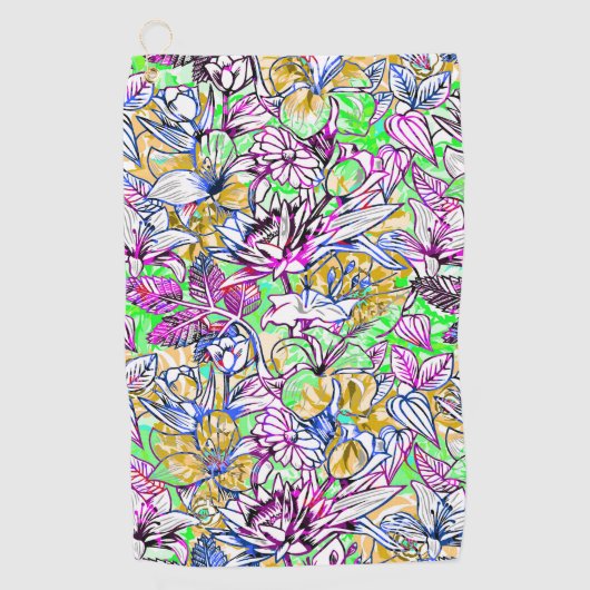 Abstracte bloemen bagagelabel met een kleurrijke k golfhanddoek (Voorkant)