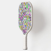 Abstracte bloemen bagagelabel met een kleurrijke k pickleball paddle (Links)