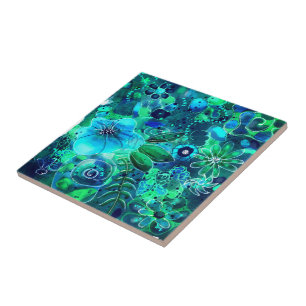 Abstracte Bloemen Blauwgroen Blauw Groene Bladeren Tegeltje