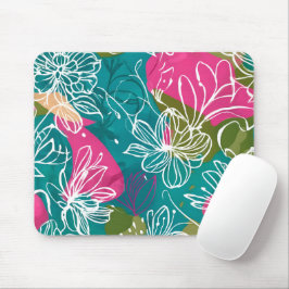 Abstracte Bloemen Blauwgroen Roze Kantoor Muismat