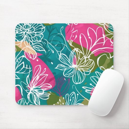 Abstracte Bloemen Blauwgroen Roze Kantoor Muismat (Met muis)
