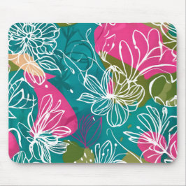 Abstracte Bloemen Blauwgroen Roze Kantoor Muismat