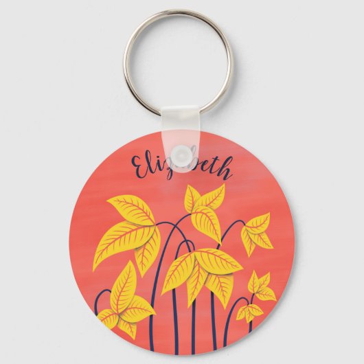 Abstracte bloemen Coral Yellow Floral Art Name Sleutelhanger (Voorkant)