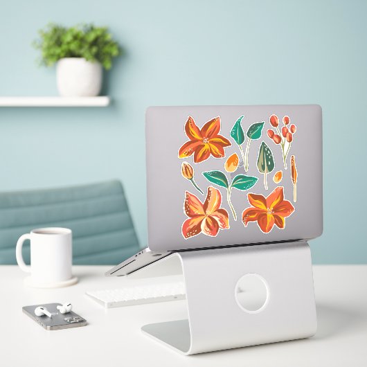 Abstracte bloemen en moderne groene bladeren. bota sticker (Laptop op bureau)