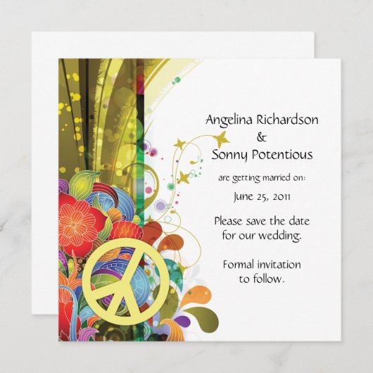 Abstracte bloemen en vredesteken Save The Date (Voorkant / Achterkant)