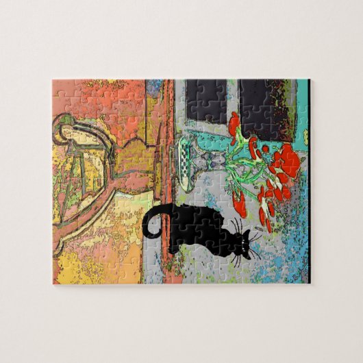 Abstracte bloemen op tafel met kat legpuzzel (Horizontaal)