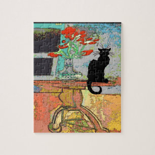 Abstracte bloemen op tafel met kat legpuzzel