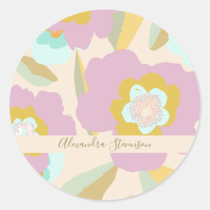 Abstracte bloemen Pastel Floral Persoonlijke naam Ronde Sticker